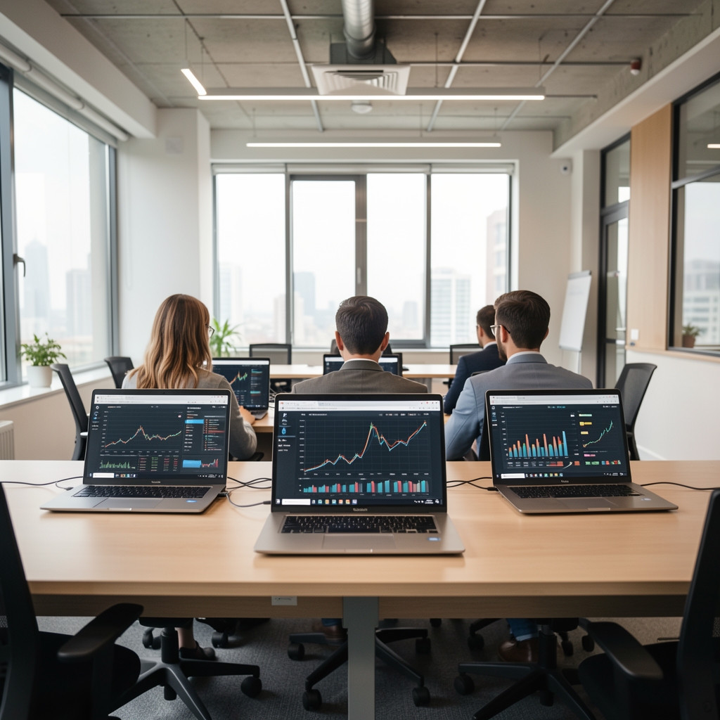 Finansal eğitim ortamı, modern sınıf düzeninde üç profesyonel dizüstü bilgisayar önünde grafik verileri inceliyor İstanbul ofis mekanı