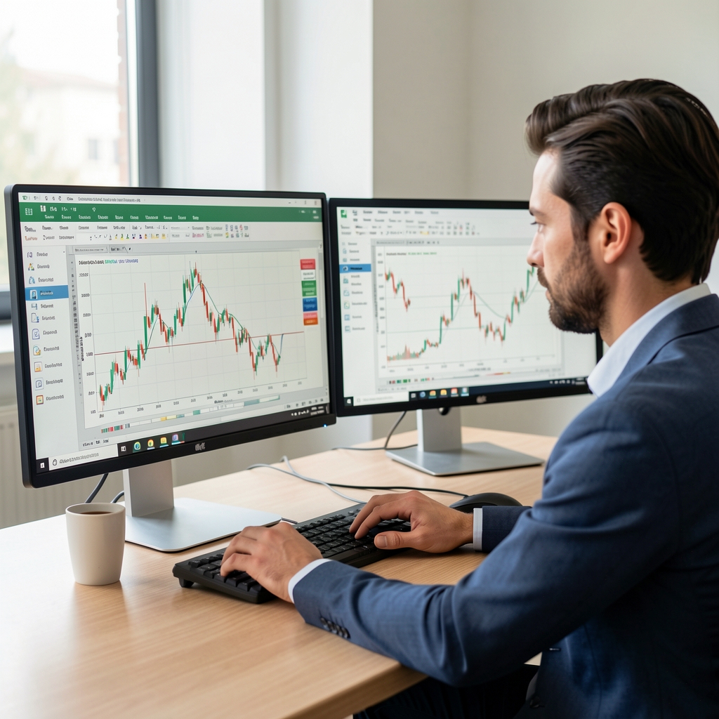 Orta düzey finansal analiz eğitimi, çift monitörde Excel finansal model ve regresyon grafikleri ile çalışan analist