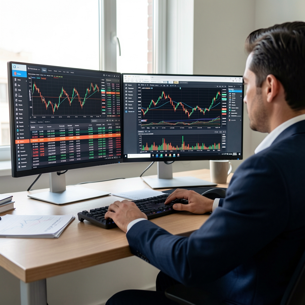 Finansal analist çalışma masasında birden fazla monitörde hisse senedi grafikleri, bilanço tabloları ve finansal modellleme yazılımını kullaniyor