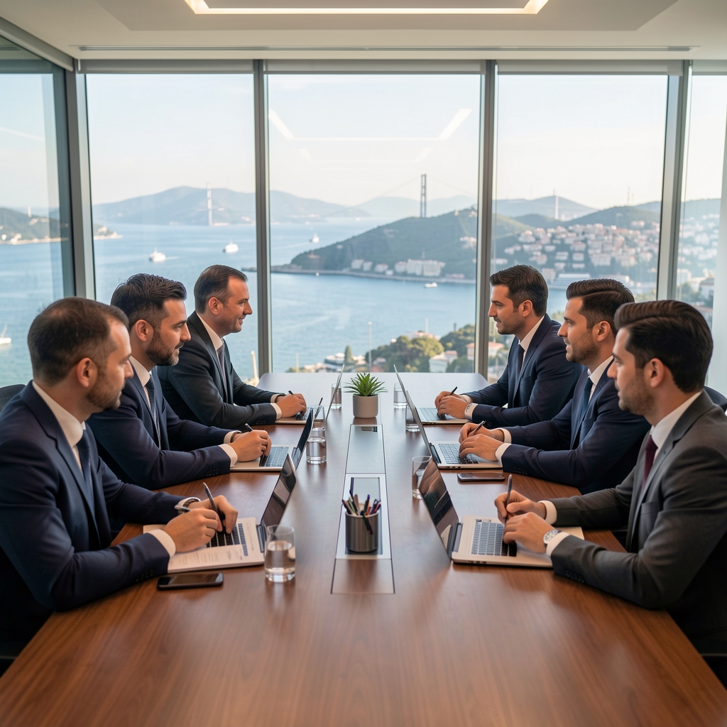 Umbral finansal analiz ekibi, İstanbul ofisinde toplantı masasında finansal verileri tartışıyor, arka planda Boğaz manzarası