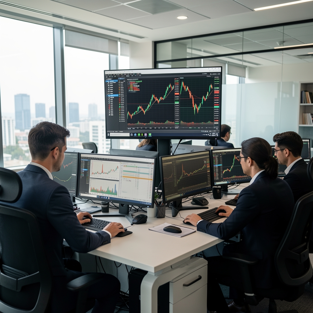 Borsa İstanbul hisse senedi verileri ekranda, trader ekibinin çalıştığı modern işlem odası geniş monitörler