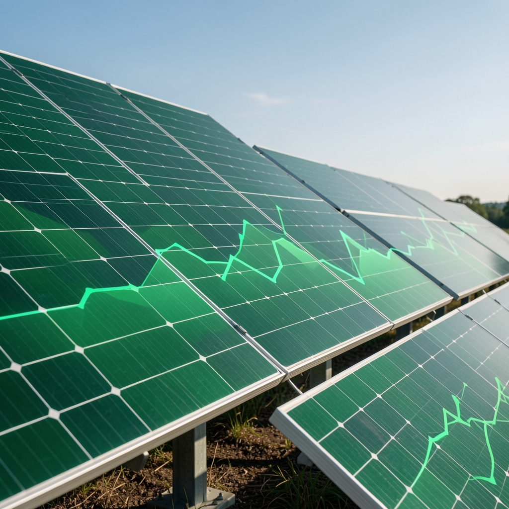 Sürdürülebilir yatırım kavramı, yeşil enerji panelleri ve grafik verileri gösteren çevre dostu finansal analiz illüstrasyonu