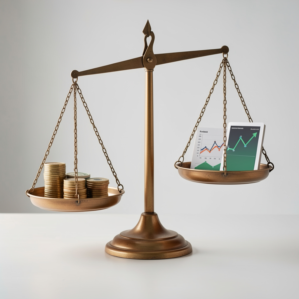 Finansal risk yönetimi kavramını gösteren denge terazisi üzerinde para sembolleri ve risk faktörü grafikleri