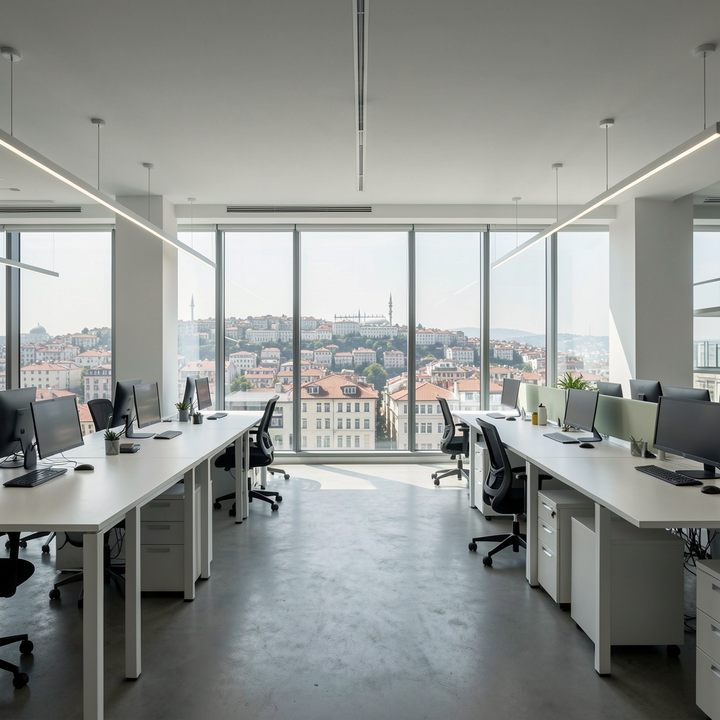 Umbral ofis mekanı, büyük pencerelerden İstanbul manzarası görünen, beyaz duvarlar ve modern çalışma masaları olan açık ofis alanı