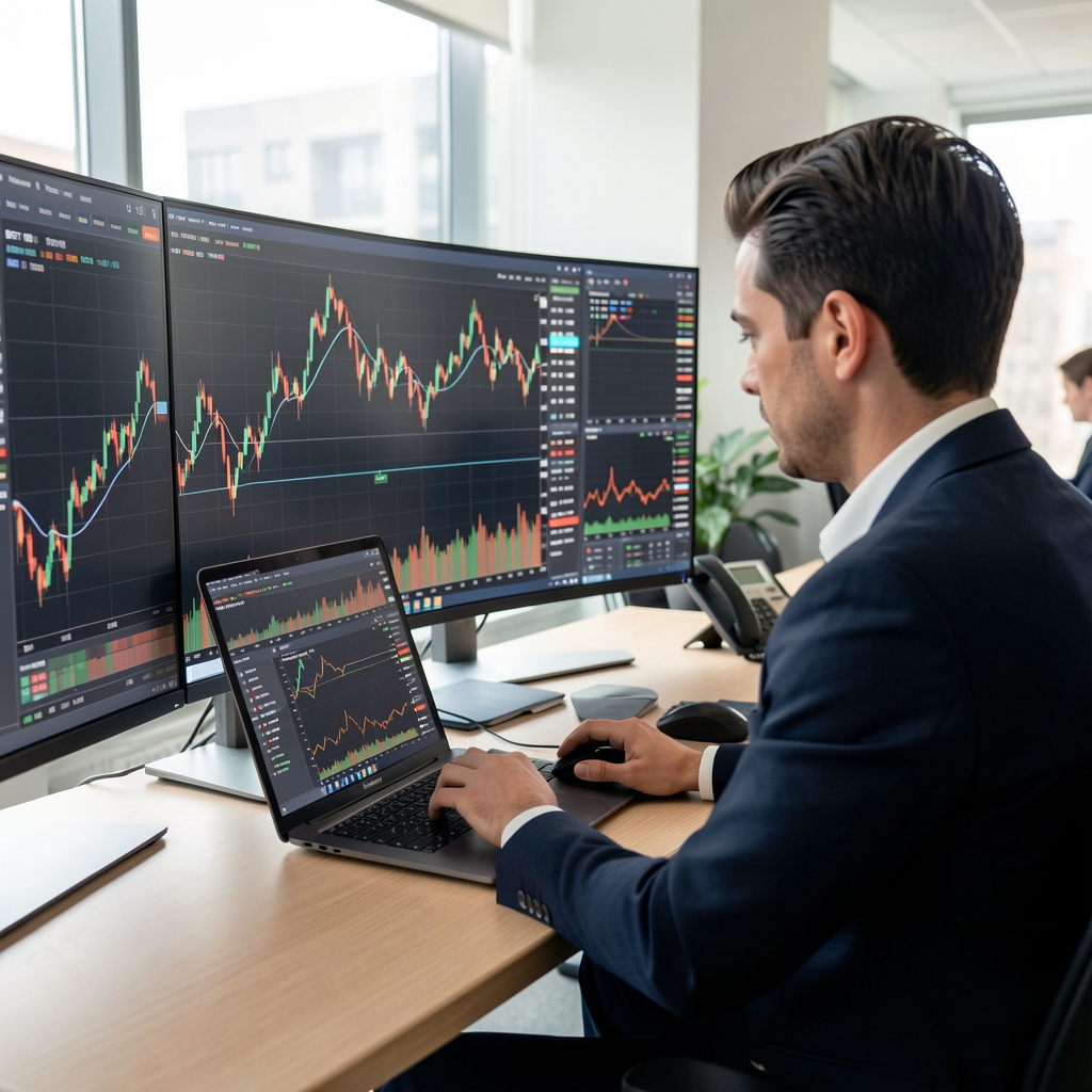 Finansal analistin geniş monitörlerde BIST 100 endeks grafiği, hareketli ortalama çizgileri ve hacim göstergeleriyle teknik piyasa analizi yapması
