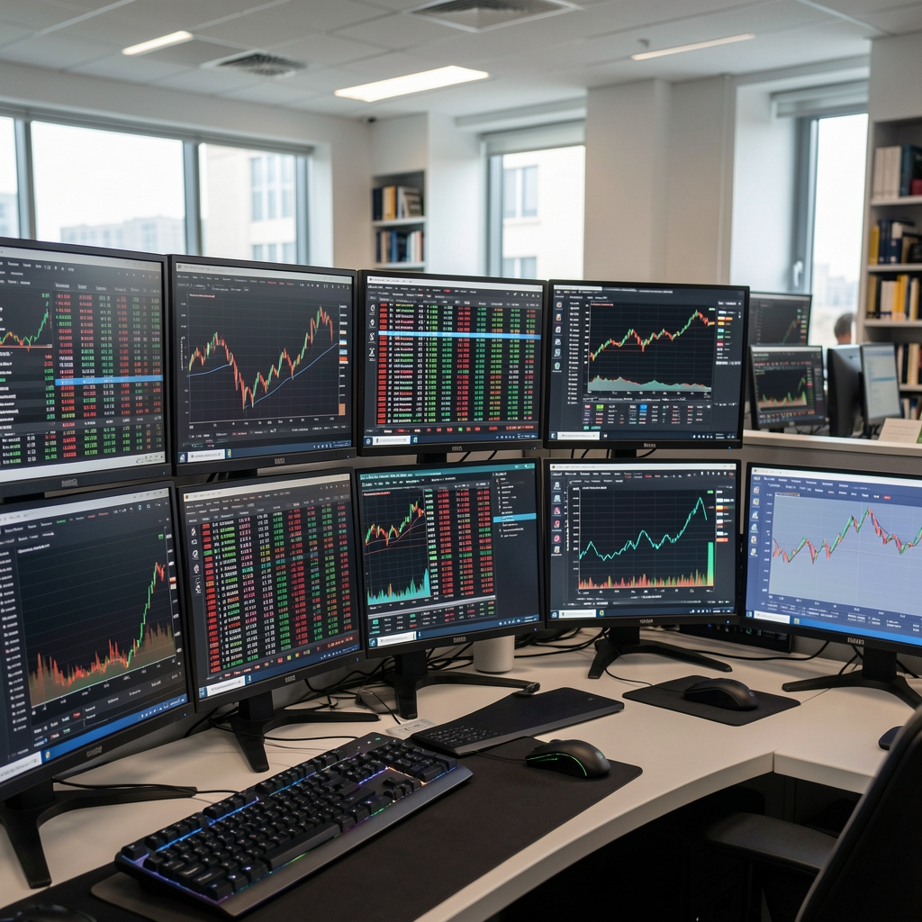 Finans araştırma merkezinde çok sayıda monitörde gerçek zamanlı borsa verileri, haber akışları ve analitik araçlar görünüyor