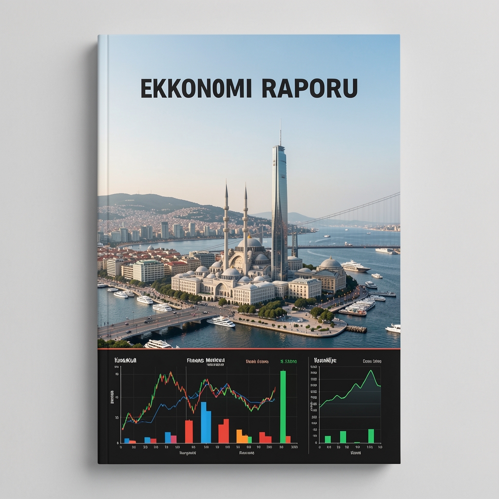 Türkiye ekonomi raporu kapağı, İstanbul finans merkezi panoraması ve grafik verileri içeren profesyonel araştırma raporu tasarımı