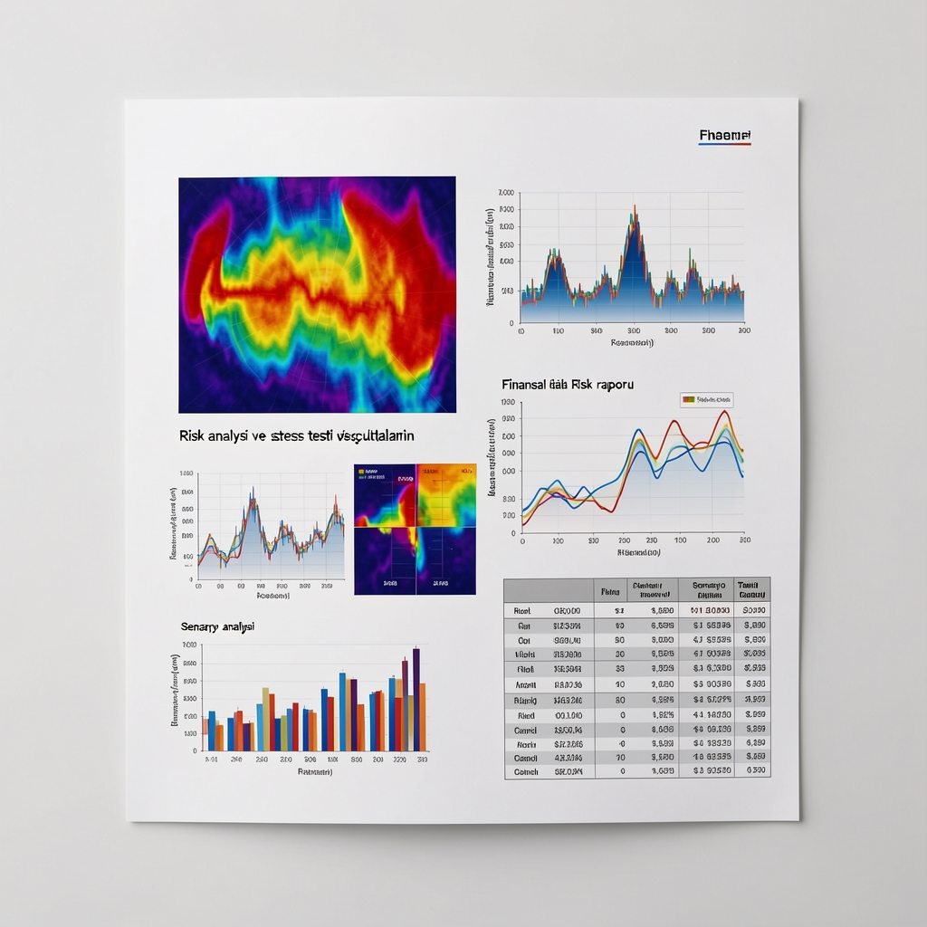 Risk analizi ve stres testi sonuçlarını gösteren renkli ısı haritaları, istatistiksel dağılım grafikleri ve senaryo analizi tabloları içeren finansal risk raporu